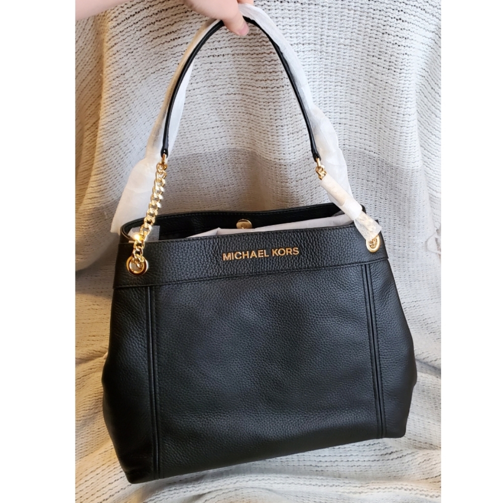 Michael Kors Jet Set Large Chain Shoulder Tote Leather Black NWT Gold Tone Chic